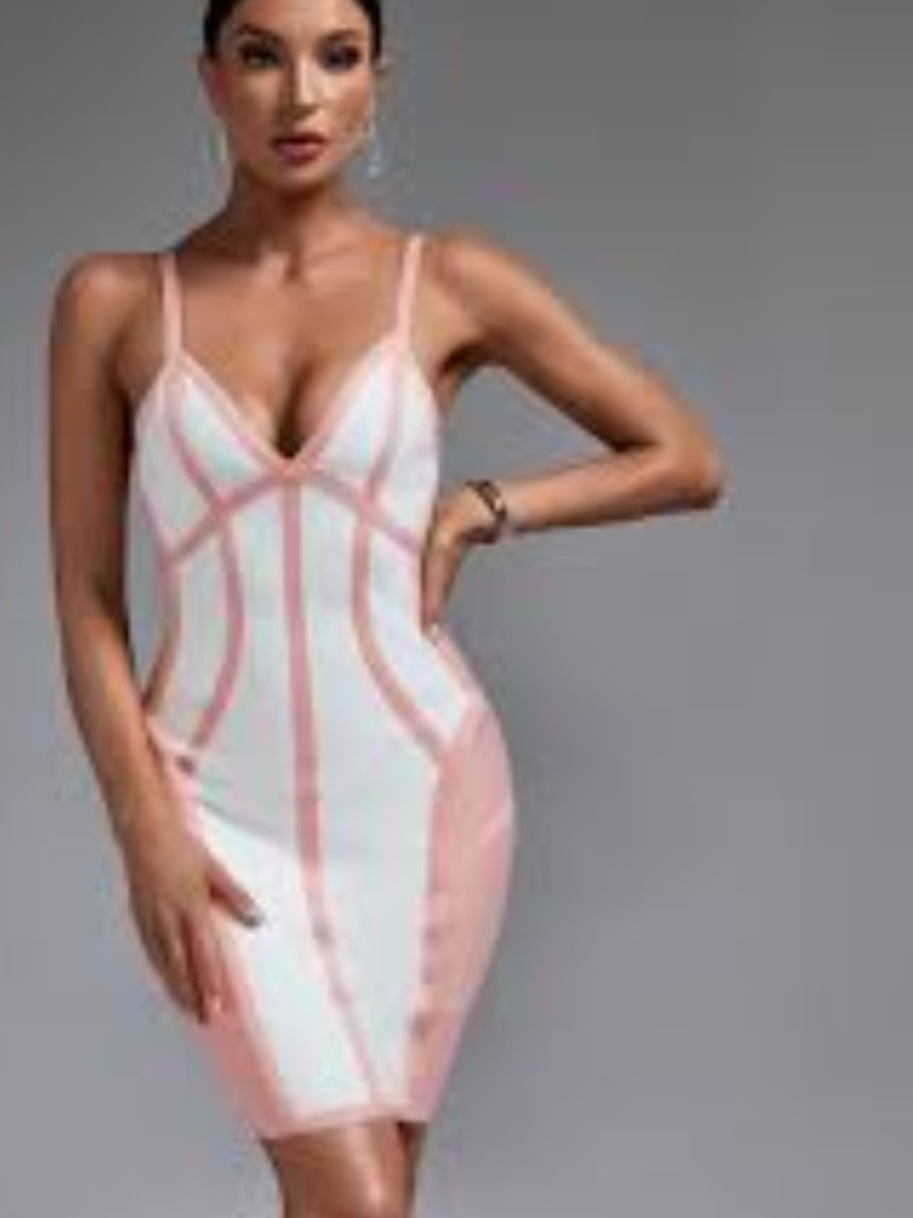 Xtaren White and Peach Bodycon V-Neck Mini Dress
